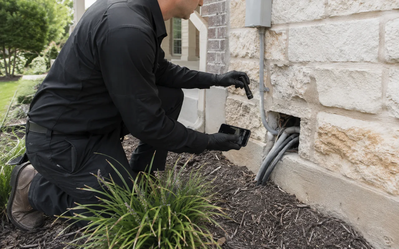 A black-uniformed pest-control technician photographs and inspects an exterior utility entry at a Central Texas home
