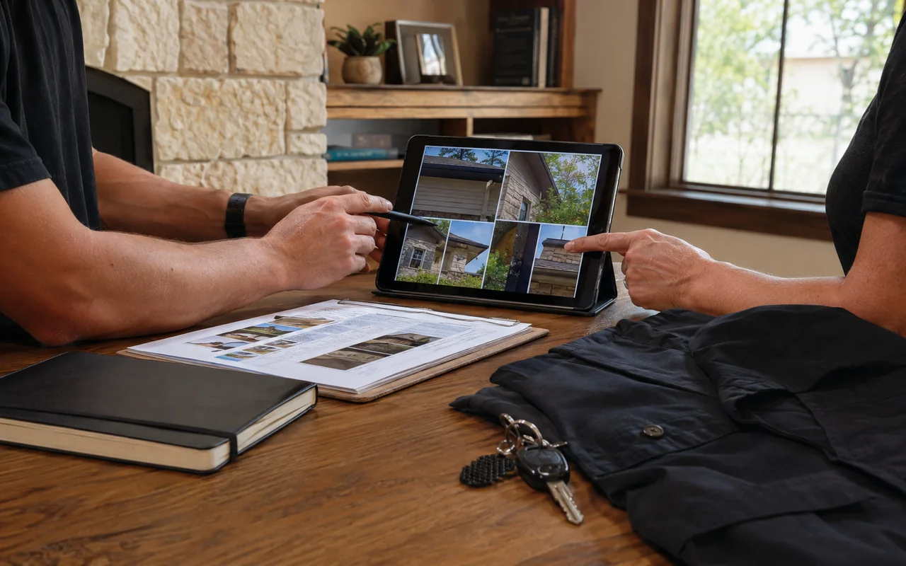 Two home-service business owners review exterior property photos together in an Austin home office