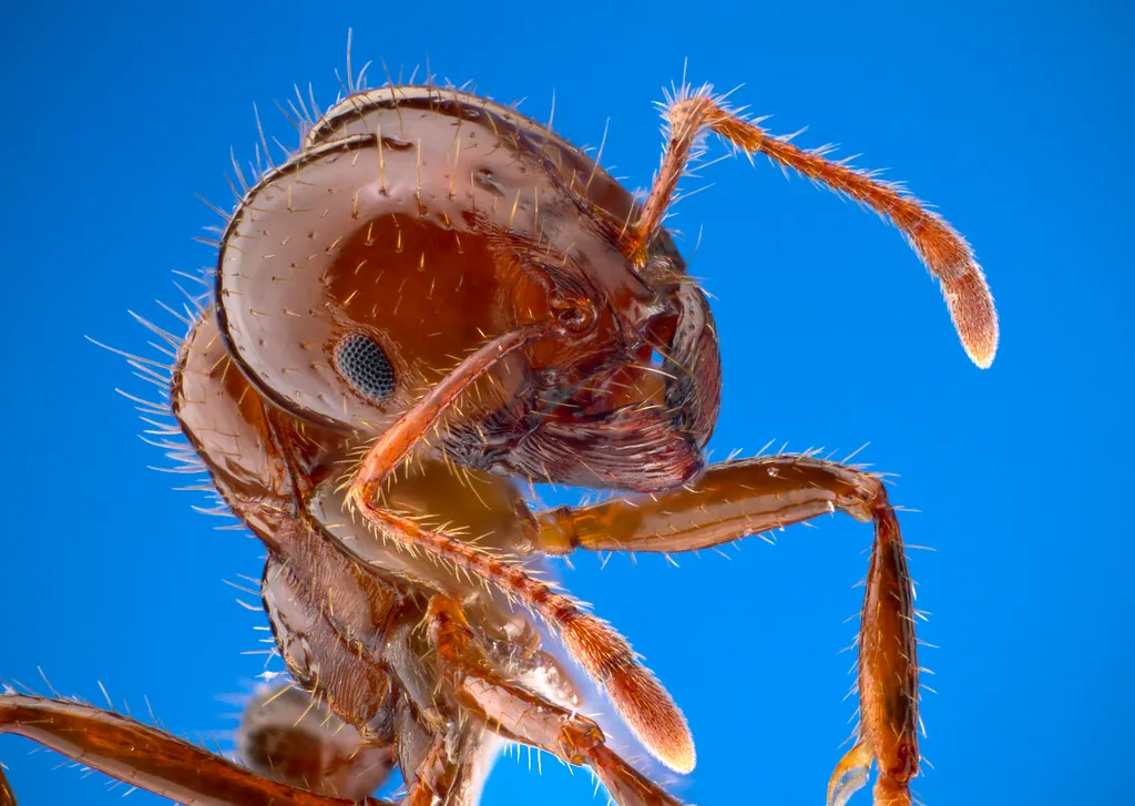 Macro photograph of a red imported fire ant worker's head and antennae against blue