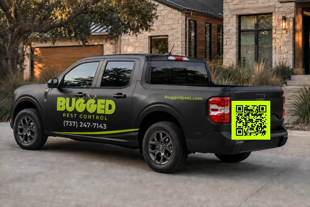 Satin-black Bugged Pest Control Ford Maverick with lime logo, phone, website and QR codes
