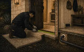 Etched cutaway illustration of a technician sealing a door threshold with a targeted interior floor-edge treatment near a monitor