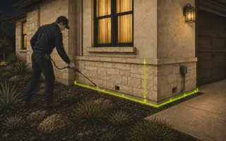 Etched illustration of a technician treating a measured foundation seam around weep holes, a utility line and a garage transition