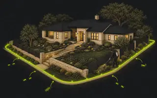 Etched illustration of a technician treating the fence and retaining-wall boundary around an Austin home as pests approach from outside