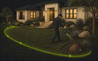 Etched illustration of a technician applying granules along a lawn, landscape bed and ant mound inside an Austin yard