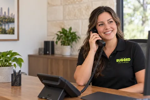 Illustrative office scene of a friendly person in a Bugged polo answering the phone.