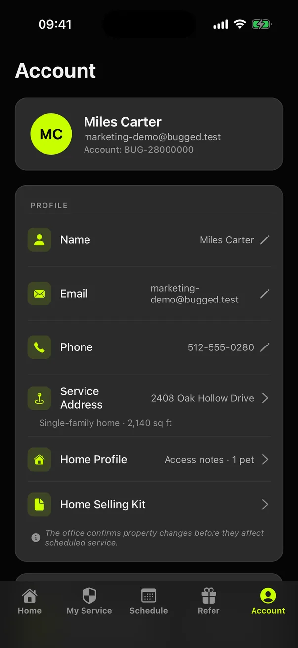 Dark-mode Bugged customer app Account screen for customer Miles Carter showing his contact profile, Austin property, and home preferences without a payment warning