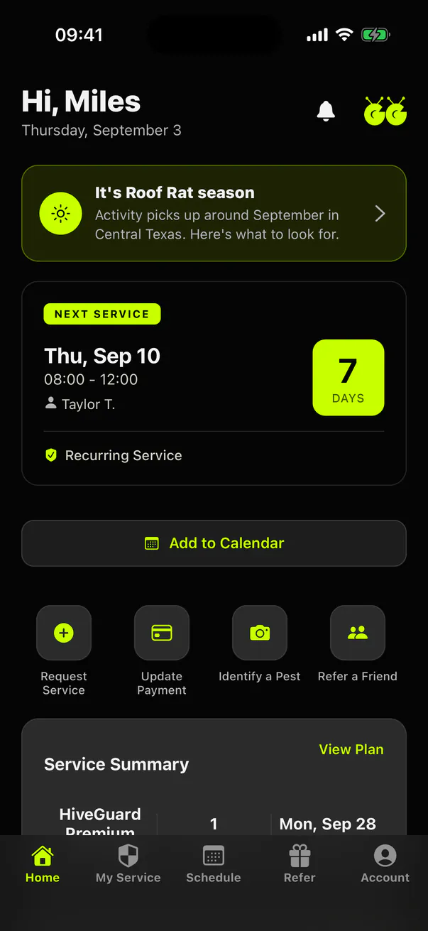 Dark-mode Bugged iPhone app home screen greeting customer Miles with an upcoming recurring service and active HiveGuard Premium plan