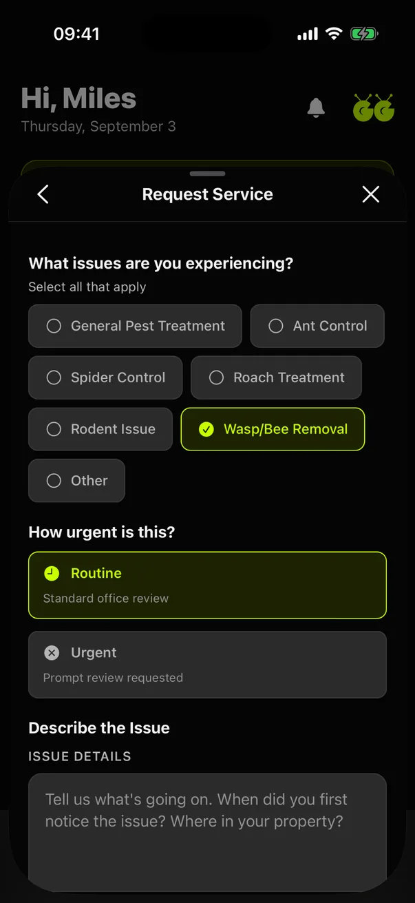 Dark-mode Bugged customer app Request Service form for customer Miles with Wasp and Bee Removal selected and no request submitted