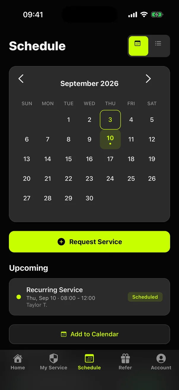 Dark-mode Bugged customer app Schedule screen showing customer Miles a September calendar and an upcoming recurring visit