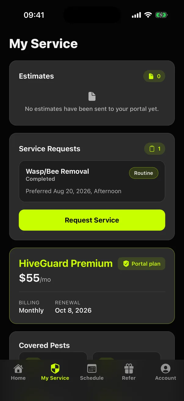 Dark-mode Bugged customer app My Service screen for customer Miles showing estimates, a completed wasp service request, and access to plan details