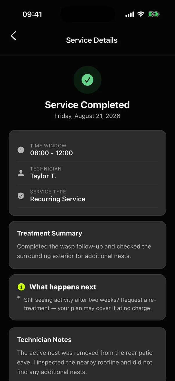 Dark-mode Bugged completed-visit screen showing a paper-wasp service summary and customer-visible note from technician Taylor