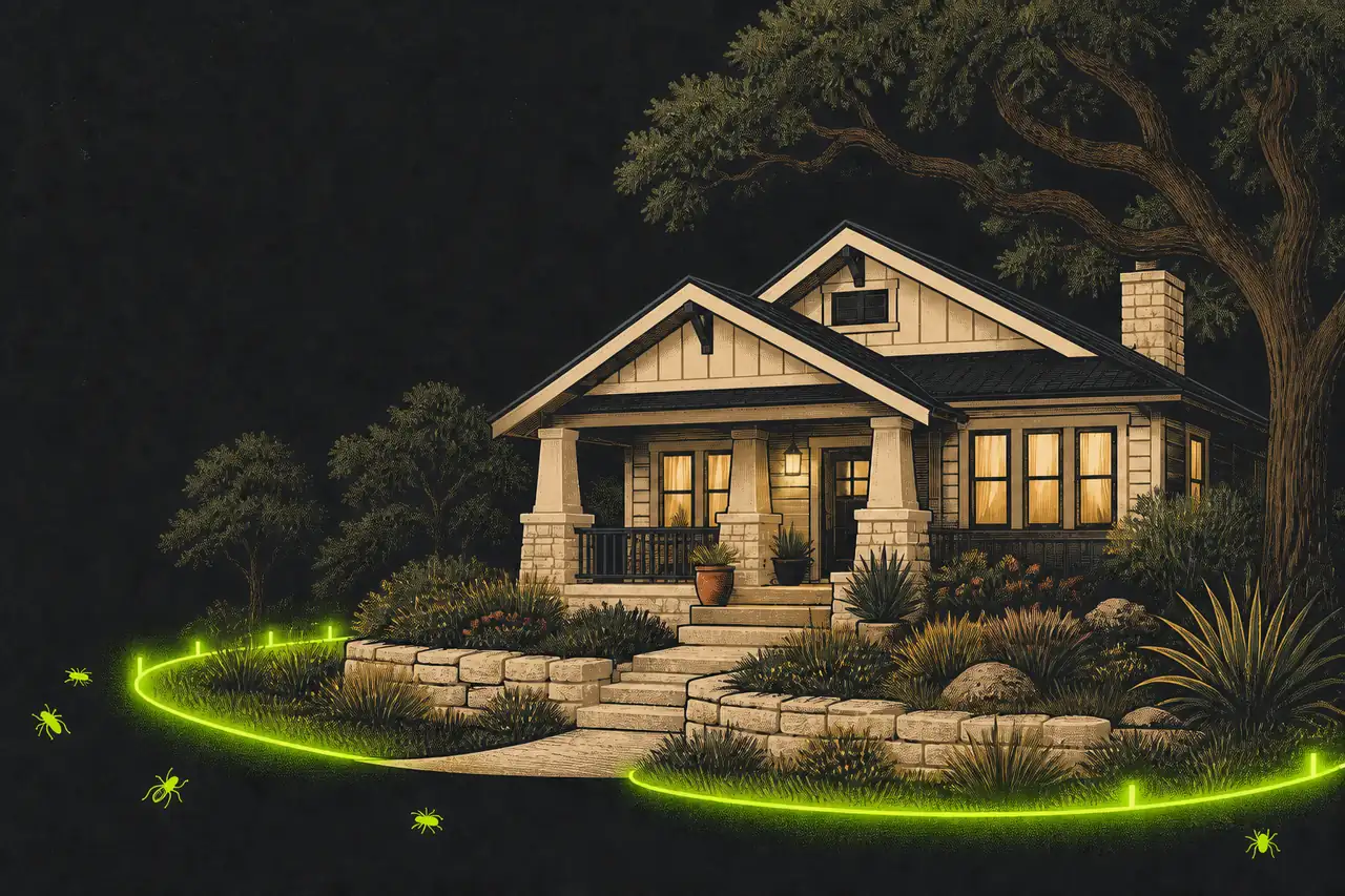 Illustrated Austin home encircled by a lime pest-protection perimeter