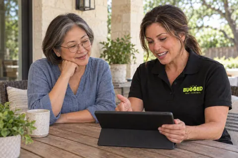 A Bugged representative discussing a quote with an older homeowner at a patio table.