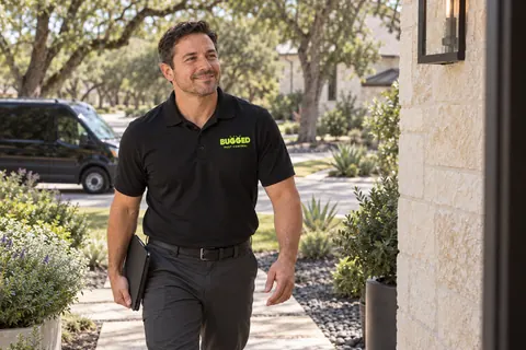A Bugged technician arriving at a limestone home on a leafy neighborhood street.