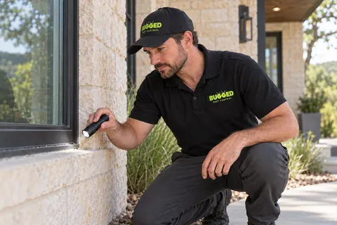 A Bugged technician inspecting the lower window trim of a limestone home.