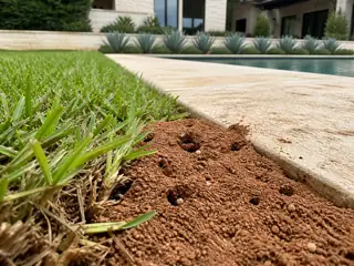 Red imported fire ants at a mound in a manicured lawn beside a limestone pool terrace