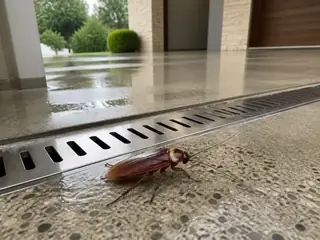 An American cockroach beside a clean linear drain in a residential utility space