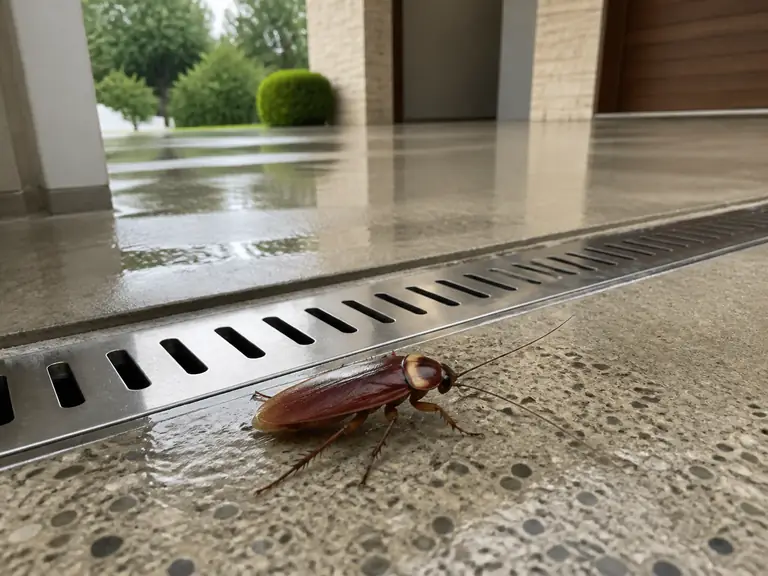 An American cockroach beside a clean linear drain in a residential utility space