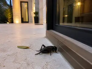 A field cricket at the weather strip of a black-steel entry door