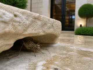 A wingless camel cricket sheltering beneath a rain-damp limestone recess