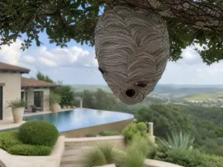 A bald-faced hornet nest on a live-oak branch above a Hill Country pool landscape