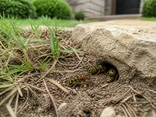 Southern yellowjacket workers entering a concealed ground nest beside limestone edging